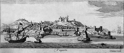 Kilátás a megerősített Tanger városra és a tengerpartra, Marokkó. 18. századi metszet. alkotó: Unknown artist