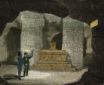 Kilátás a párizsi Montsouris katakombák osszáriumára. Metszet 1856-ból a „Le Musee Des Sciences”-ben alkotó: Unknown artist