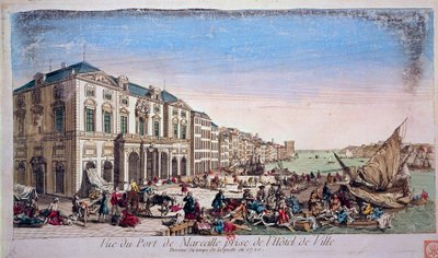 Kilátás a marseille-i kikötőre a városházáról az 1720-as pestisjárvány idején, 1720-as metszet Párizs, B.N. alkotó: Unknown artist