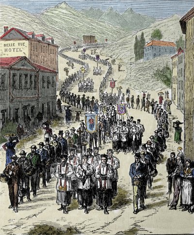 Kilátás a körmenetről az állomástól a Lourdes-i barlanghoz a Magas-Pireneusokban, ahol a Szűzanya megjelent Bernadette Soubirousnak (1844-1879) 1858-ban, a jelenlegi zarándokhely. századi metszet alkotó: Unknown artist