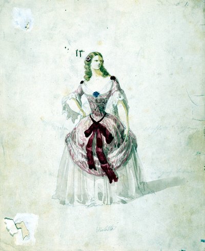 Violetta jelmez Giuseppe Verdi „La Traviata” című operájához a La Scalába 1855-ből. alkotó: Unknown artist