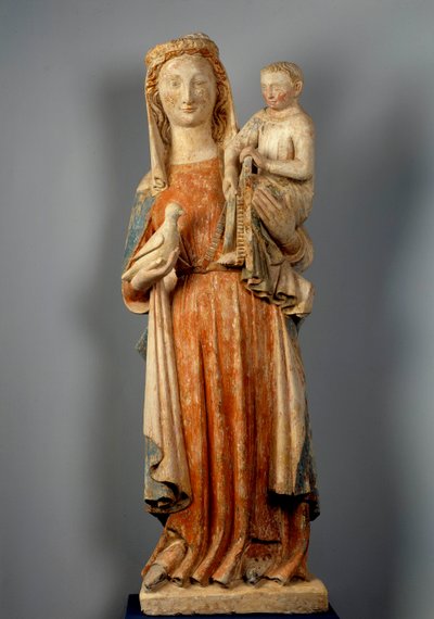 Szűz és gyermek A Szűz galambot tart a kezében. Polikróm kőszobor. 15. század. Montaigu les Bois templom. alkotó: Unknown artist
