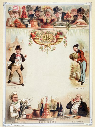 Szűz menü, az öt érzékszervet szemlélteti – kromolitográfiát, 19. század vége alkotó: Unknown artist