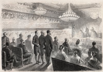 I. Vilmos porosz (1797-1888) látogatása Compiegne-ben: gálaműsor a palotaszínházban III. Napóleon (1808-1873) jelenlétében – Metszet a „” The Illustrous World”-be” alkotó: Unknown artist