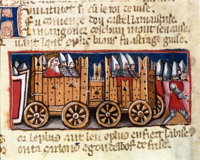 Hadigépek, a fegyvertartály előfutára, amelyet Nagy Károly használt a spanyol mórok ellen - a „Spanyolország bejárata”, 14. századi kéziratban. Biblioteca Marciana, Velence. alkotó: Unknown artist