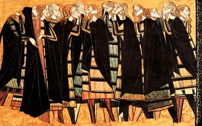 Sírás fekete köpenyben Don Sancho Saiz de Carillo lovag sírján, a sírt díszítő freskó részlete. Detrempe fán. 13. század vége. Catalunya Nemzeti Múzeum, Barcelona. alkotó: Unknown artist