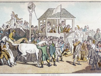 Lóverseny előtti mérlegelés és mosás (XIX. század vége). alkotó: Unknown artist