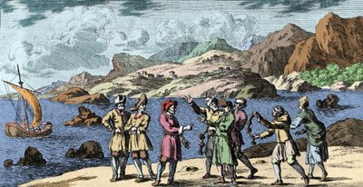 Boszorkányság és hiedelmek: finn és számik, akik három csomó varázslatával vihart provokálnak. Metszet Johann Zahn (1631-1707) „Mundi Mirabilis Oeconomia”-ból alkotó: Unknown artist