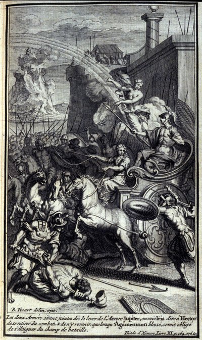 Amikor a két hadsereg csatlakozott a hajnali hajnalhoz, Jupiter elküldte Iriszt, hogy mondja meg Hectornak, hogy vonuljon ki a csatából, és csak akkor térjen vissza, ha Agamemnon megsérül, és kénytelen lesz elköltözni a csatatérről. Homérosz Iliász XI. kön alkotó: Unknown artist