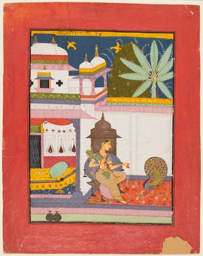 Pávát megszólító nő: Gujari Ragini Meghből, Ragamalából alkotó: Unknown artist