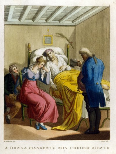 „Női könnyek, a rosszindulat forrása. Nézz egy nőt sírni." 18. századi metszet, amely egy sor közmondást illusztrál. alkotó: Unknown artist