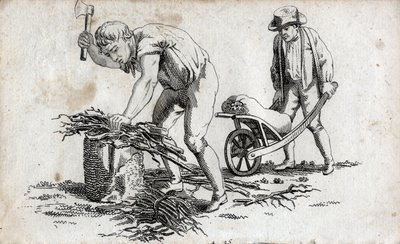 Fásemberek fából kötegeket készítenek és kötegeket cipelő ember egy talicskán. Végmetszet a 18. századból. Magángyűjtemény. alkotó: Unknown artist