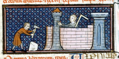 Megerősített kolostort építő munkások, miniatűr a 13. század közepéről. Biblioteca Trivulziana. alkotó: Unknown artist