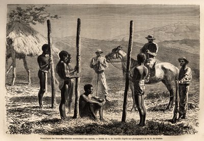 Munkások az Új-Hebridákról (vagy 1980 óta a Vanuatu Köztársaságból, egy melanéziai szigetcsoportból Új-Kaledónia északi részén), házat építenek, amellyel a szerző egy lovas kirándulás során találkozik. Engravure pour illustrrer le voyage à la Nouvelle Cale alkotó: Unknown artist