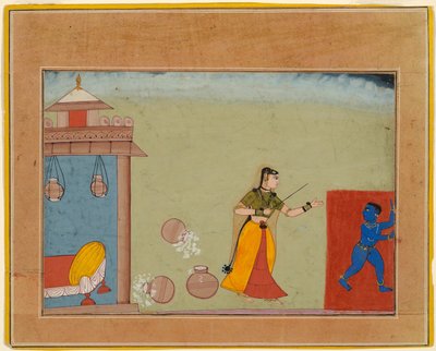 Jaszóda megfenyíti nevelt fiát, az ifjú Krsnát, oldal a Bhagavata Purána egyik kéziratából alkotó: Unknown artist