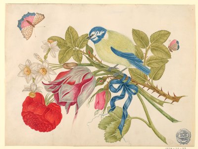 Sárga-kék madár csokor rózsával, tulipánokkal és nárciszokkal, pillangókkal alkotó: Unknown artist