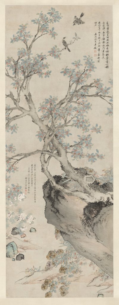 Sárga krizantém és vörös osmanthus Wang Yuan stílusában alkotó: Unknown artist