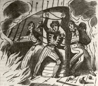 Zampa, az algeri korzár: "A kapitány, egy fiatal hölgy és egy angol hajó legénységének egy része, a főárbochoz kötözve és halálra égve", 1836 körül alkotó: Unknown artist