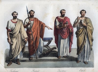 az ókori Róma bírái - Tribunus (Tribune) - praetor (Preteur) (Magistrate) - Quaestores (Quaestors) - aediles (ediles) metszet a „” A Világegyetem összes népének szokásai és szokásai” c. Vagy a kormány története, a törvények, a milícia, a király története alkotó: Unknown artist