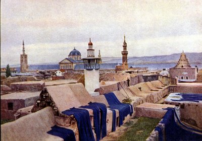 Kék pamutszövetek, amelyeket a damaszkuszi (Szíria) festők tetején szárítanak. alkotó: Unknown photographer