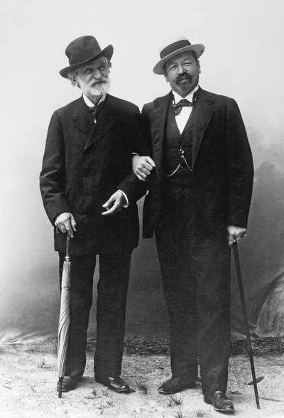 Giuseppe Verdi olasz zeneszerző (1813-1901) és Francesco Tamagno tenor (1850-1905) Montecatiniben a 19. század végén. alkotó: Unknown photographer