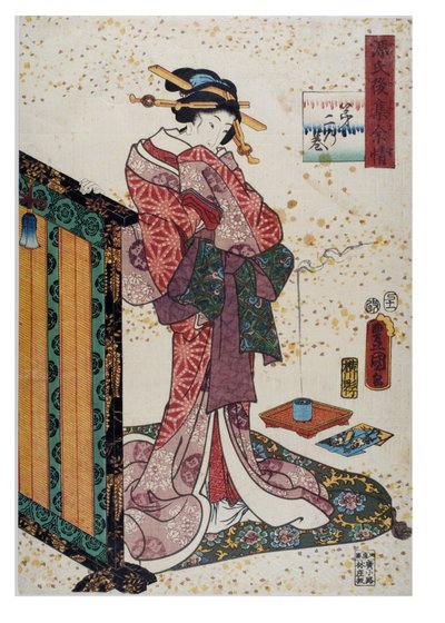 Hölgy kézzel lakkozott paravánon, Edo-korszak, 1857 körül (fametszet papírra) alkotó: Utagawa (1786-1865) Kunisada