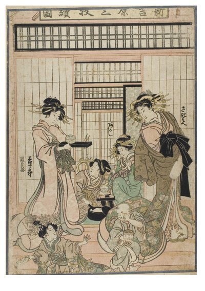 Jelenet a Shin Yoshiwara (Triptichon) című képből. Bordélyházbelső a Yoshiwara negyedben kurtizánokkal és ügyfelekkel, 1830-1843 körül (fametszet, papír). alkotó: Utagawa (1786-1865) Kunisada