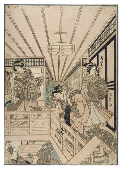Jelenet a Shin Yoshiwara (Triptichon) című képből. Bordélyházbelső a Yoshiwara negyedben kurtizánokkal és ügyfelekkel, 1830-1843 körül (fametszet, papír). alkotó: Utagawa (1786-1865) Kunisada