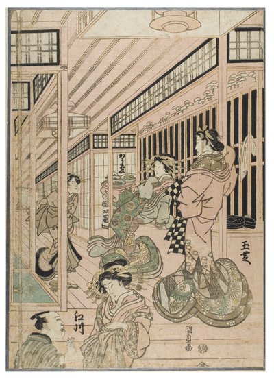 Jelenet a Shin Yoshiwara (Triptichon) című képből. Bordélyházbelső a Yoshiwara negyedben kurtizánokkal és ügyfelekkel, 1830-1843 körül (fametszet, papír). alkotó: Utagawa (1786-1865) Kunisada
