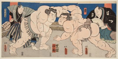 Koyanagi és Kuroiwa szumóbirkózók küzdelme. Nyomtatás: Utagawa Kunisada (1786-1865) alkotó: Utagawa Kunisada