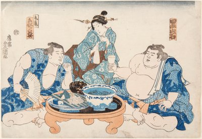 Kuroiwa és Zogahana szumóbirkózók gésával. Nyomtatás: Utagawa Kunisada (1786-1865) alkotó: Utagawa Kunisada