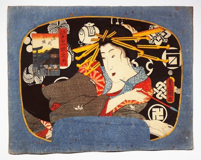 Kurtizán hosszú pipával, Hachiman templom a bal oldalon betétben alkotó: Utagawa Kunisada