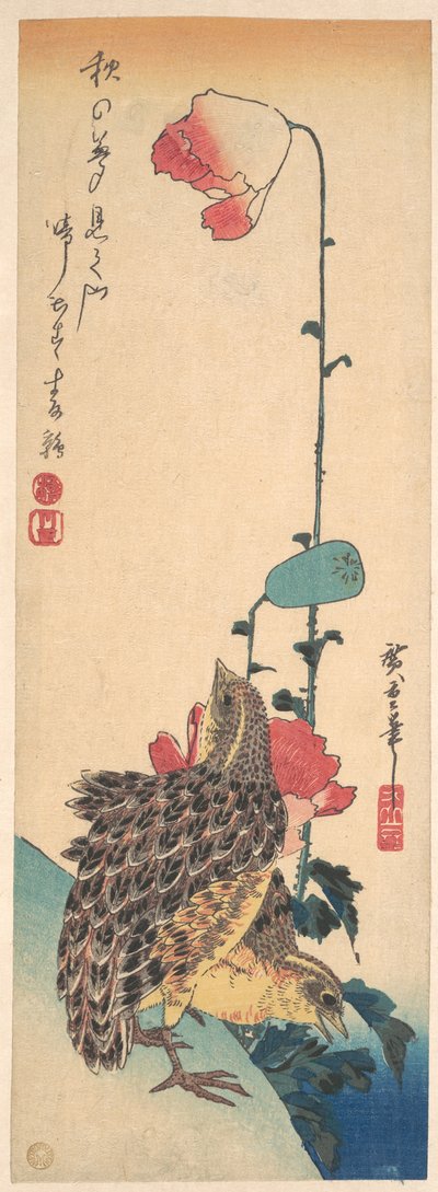 Egy pár fürj és pipacsok alkotó: Utagawa Hiroshige