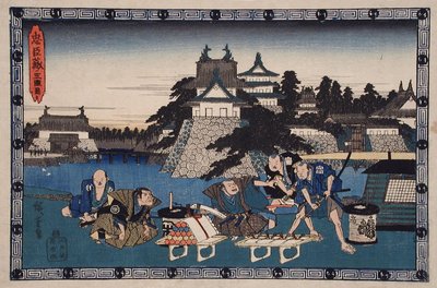 III. felvonás: Bannai, Moronao szolgája, Moronao kiengesztelésére szánt ajándékok listájával, balra Honzō figyeli alkotó: Utagawa Hiroshige