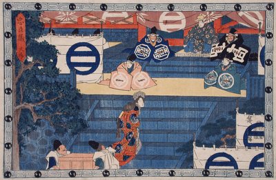I. felvonás: Lady Kaoyo felmegy a Hacsiman-szentély lépcsőjén, hogy azonosítsa halott urának sisakját alkotó: Utagawa Hiroshige