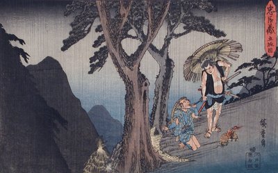 V. felvonás: Jojcsibeit, Okaru apját kirabolják a lány bordélyba való eladásáért kapott pénzből alkotó: Utagawa Hiroshige