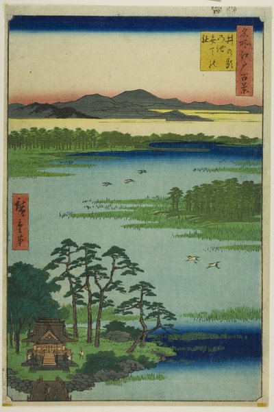Benten szentély és Inokashira tó (Inokashira no ike Benten no yashiro), a "Száz híres nézet Edóról (Meisho Edo hyakkei)" sorozatból. alkotó: Utagawa Hiroshige
