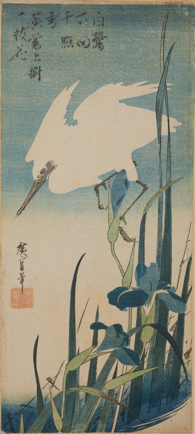 Fehér repülő gém és kék íriszek / Shobu to shirasagi alkotó: Utagawa Hiroshige