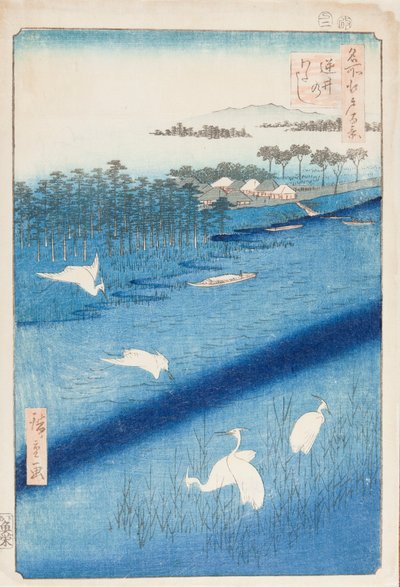Fehér gémek a Sakasai-folyó felett / Sakasai no watashi, 58. lap a „Edo száz híres látképe” / Meisho Edo hyakkei című sorozatból alkotó: Utagawa Hiroshige