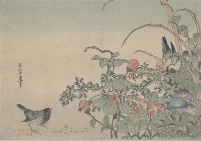 Kékmadarak reggeli dicsőséggel és Lespedezával, 1833 körül alkotó: Utagawa Hiroshige