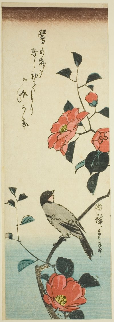 Kamélia virágok és süvöltő alkotó: Utagawa Hiroshige