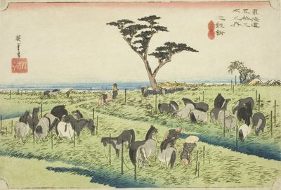 Chiryu: Kora nyári lópiac (Chiryu, shuka uma ichi), a "Tokaido ötvenhárom állomása (Tokaido gojusan tsugi no uchi)" sorozatból, más néven Hoeido Tokaido alkotó: Utagawa Hiroshige
