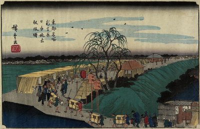 Hajnal az Emonzaka-dombon a Nihon-zutsumi Bankban, Shin-Yoshiwara, kb. 1830 alkotó: Utagawa Hiroshige