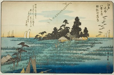 Leszálló libák Hanedán (Haneda no rakugan), a "Nyolc nézet Edo környékén (Edo kinko hakkei no uchi)" sorozatból. alkotó: Utagawa Hiroshige