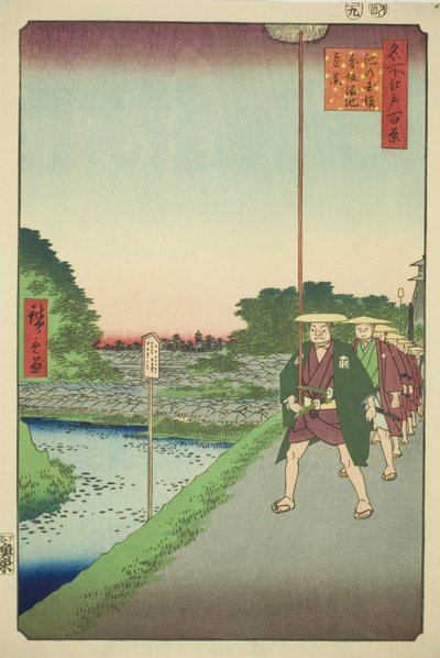 Az Akasaka víztározó távoli képe a Kinokuni lejtőről (Kinokunizaka Akasaka Tameike enkei), a "Edo száz híres képe (Meisho Edo hyakkei)" sorozatból alkotó: Utagawa Hiroshige