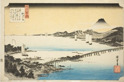 Esti fény a Seta hídnál (Seta no sekisho), a "Nyolc nézet Omira (Omi hakkei no uchi)" sorozatból alkotó: Utagawa Hiroshige