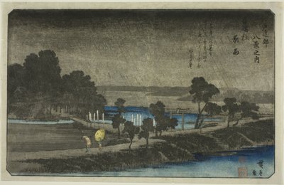 Esti eső az Azuma szentélyben (Azuma no mori yau), a "Nyolc nézet Edo környékén (Edo Kinko hakkei no uchi)" sorozatból alkotó: Utagawa Hiroshige