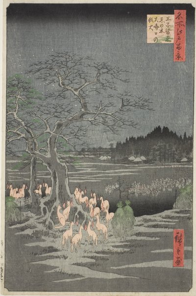 Rókatüzek szilveszter éjszakáján a Változó fánál Oji-ban (Oji shozoku enoki omisoka no kitsunebi), a "Száz híres nézet Edo-ról (Meisho Edo hyakkei)" sorozatból. alkotó: Utagawa Hiroshige