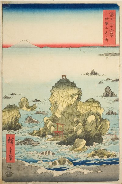Futami-öböl Ise tartományban (Ise Futamigaura), a "Harminchat kilátás a Fuji-hegyre (Fuji sanjurokkei)" sorozatból alkotó: Utagawa Hiroshige