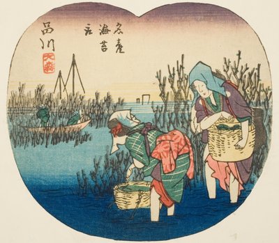 Hínárgyűjtés Omoriban Shinagawában (Shinagawa, Omori, meisan nori tori), a "Kivágott képek a Tokaido útról (Tokaido harimaze zue)" sorozat 1. számú lapjának szakasza. alkotó: Utagawa Hiroshige